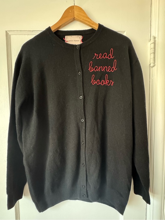 Lingua Franca Sweaters - Lingua Franca Black Cardigan Sweater with Red "Read Banned Books" Embroidery